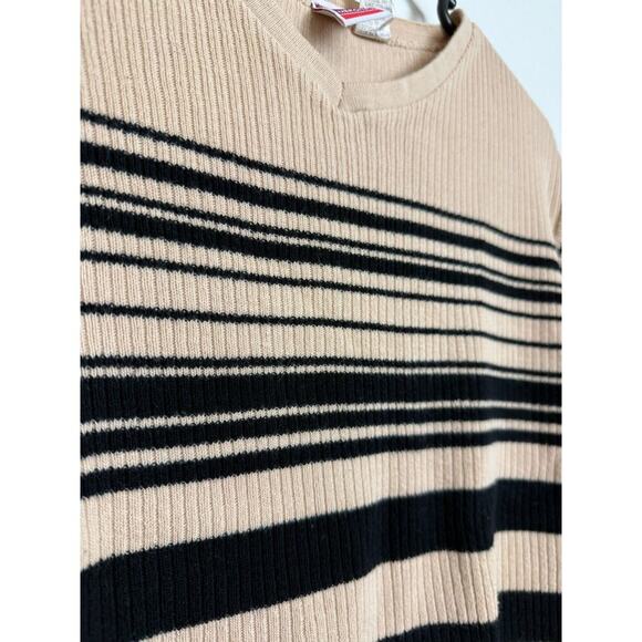 y2k V-neck Tan Black Striped Short Sleeve Sweater Womens M | 90s Office Merona - Picture 2 of 6